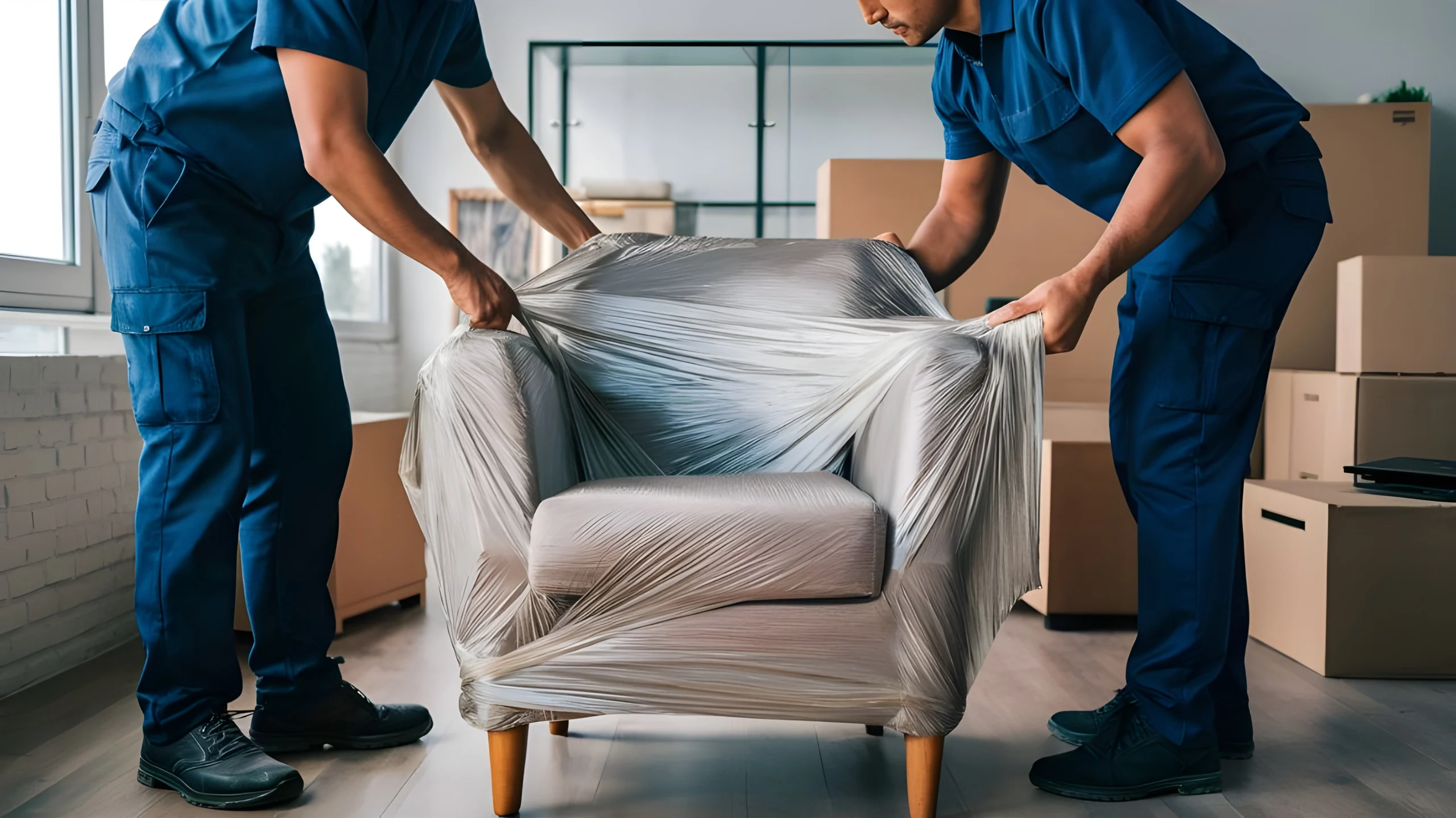 dos hombres estan envolviendo una pieza de plastico de un sofa convert.io scaled