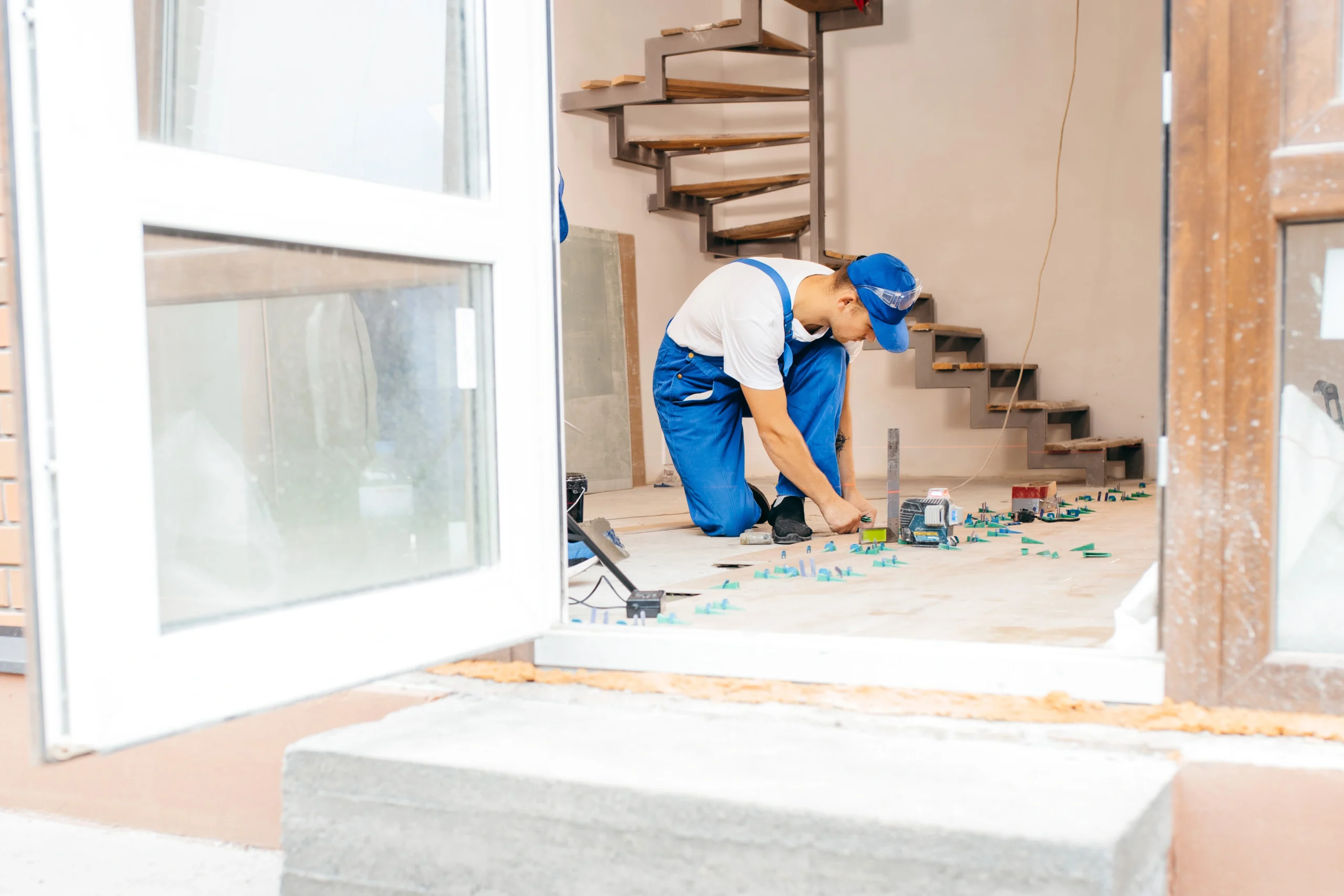 dos trabajadores con uniforme especial colocando baldosas con sistema de nivelacion de baldosas y nivel laser en el suelo convert.io scaled