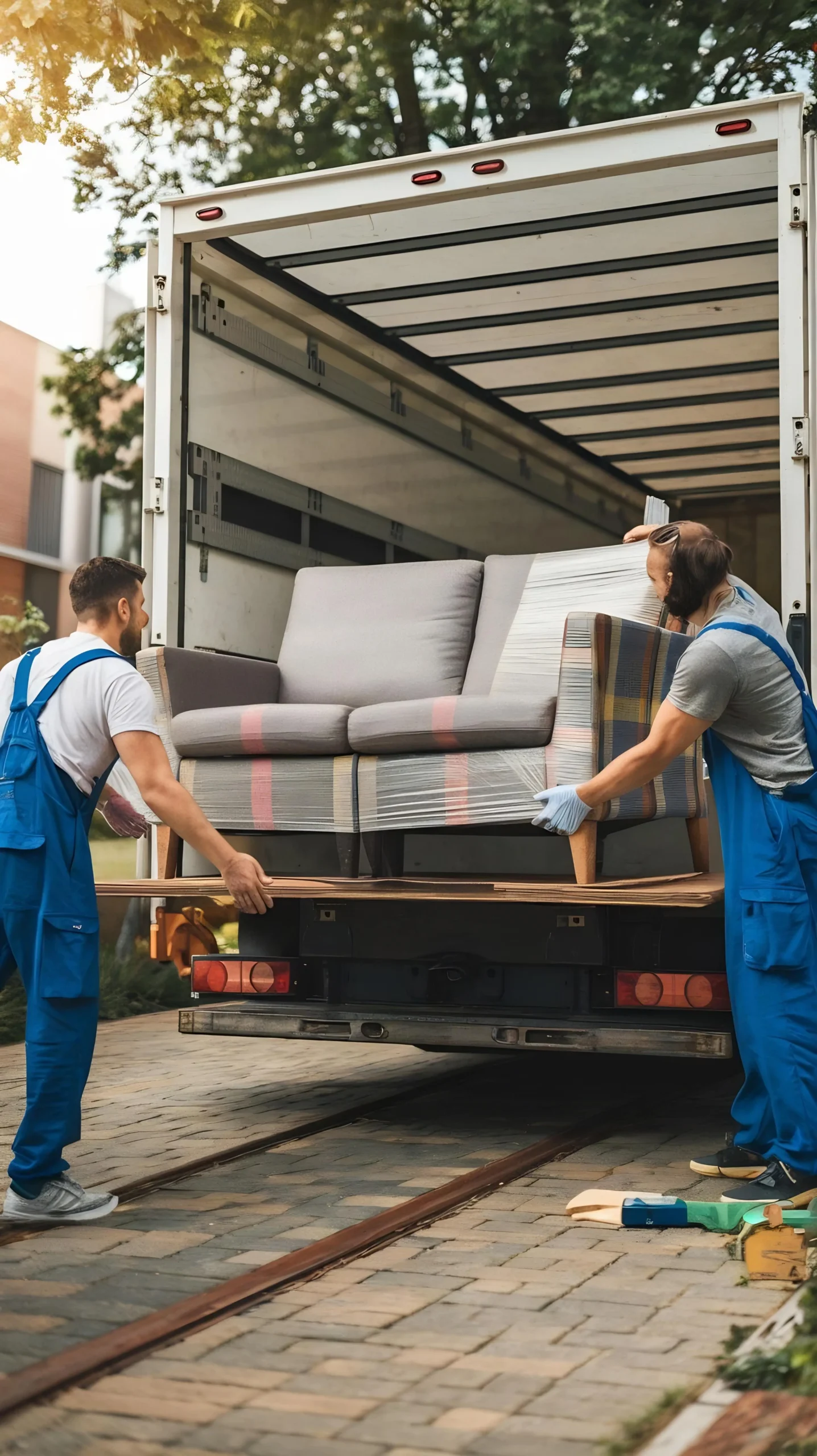 enfoque selectivo de los trabajadores de mudanzas que descargan el sofa en envoltura elastica en el camion al aire libre convert.io scaled